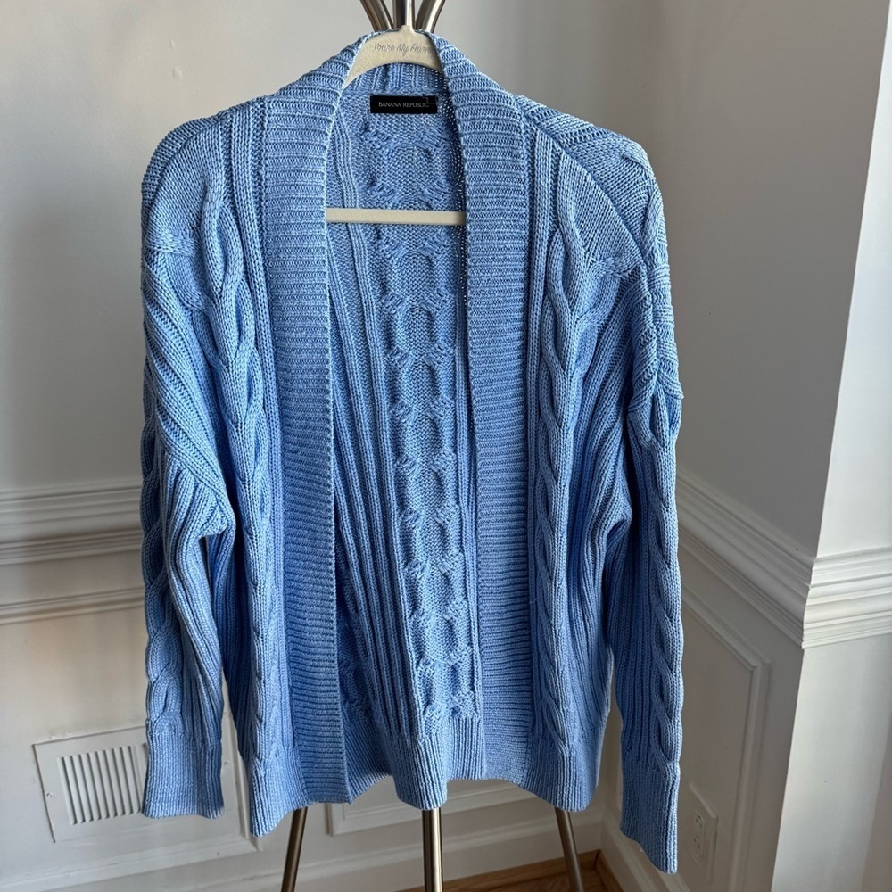 Banana Republic Blue Chunky Cable Knit Women's Cardigan Sweater Small Petite - Picture 4 of 8